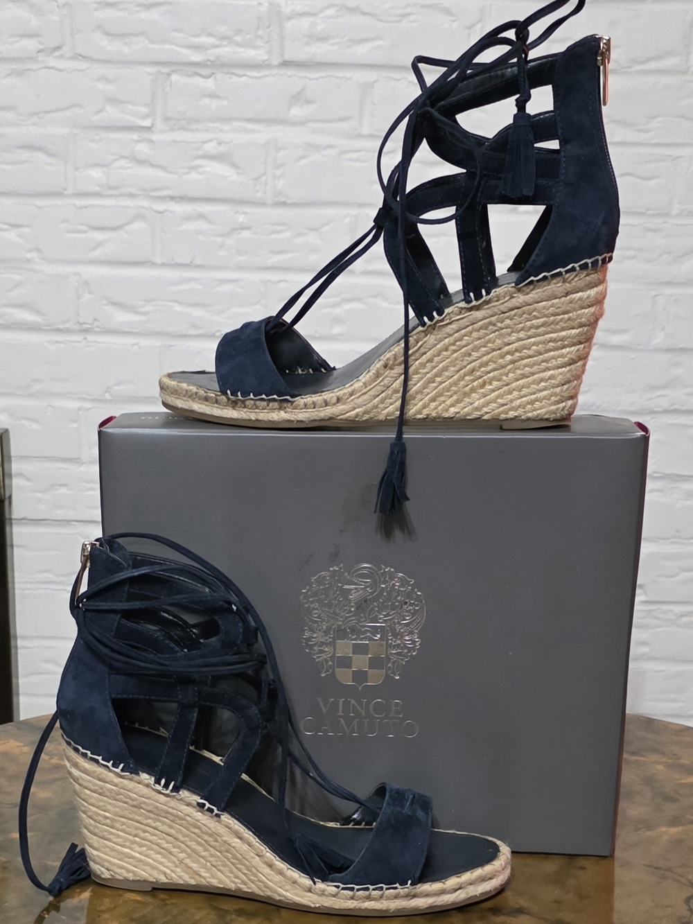 VINCE CAMUTO | Navy Lace-Up Suede Espadrille Wedge Sandals